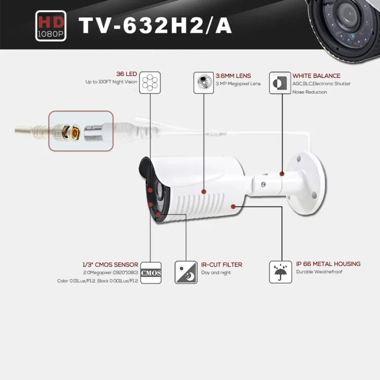 632A-H2 CE＆RoHS認証 防水3.6mm 5MPレンズ AHDカメラ 36個IR LED搭載、ナイトビジョン＆ホワイトバランス対応, 632A-H2, 632A-W, 632A-L