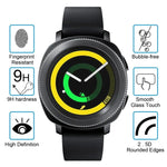 Samsung Gear Sport tempered glass screen protector with fingerprint resistance and 9H hardness features.