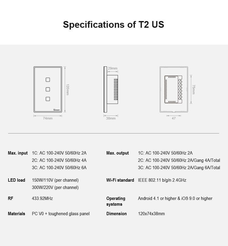 Sonoff T2 タッチ 120mm強化ガラスパネル壁スイッチ スマートホームライトタッチスイッチ、AlexaとGoogle Home対応、AC 100V-240V、米国プラグ、120mm／3米国プラグ