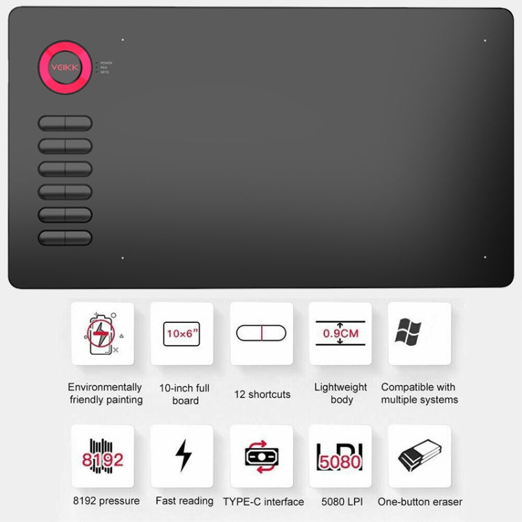 VEIKK A15 10x6インチ 5080 LPI スマートタッチ 電子グラフィックタブレット Type-Cインターフェース付き、A15 ゴールド、A15 ブルー、A15 レッド