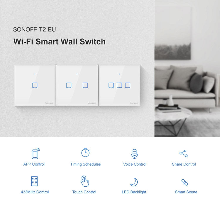 Sonoff T2タッチ 86mm強化ガラスパネル壁スイッチ スマートホームライトタッチスイッチ AlexaとGoogle Home対応 AC 100V-240V EUプラグ 86mm/3 EUプラグ