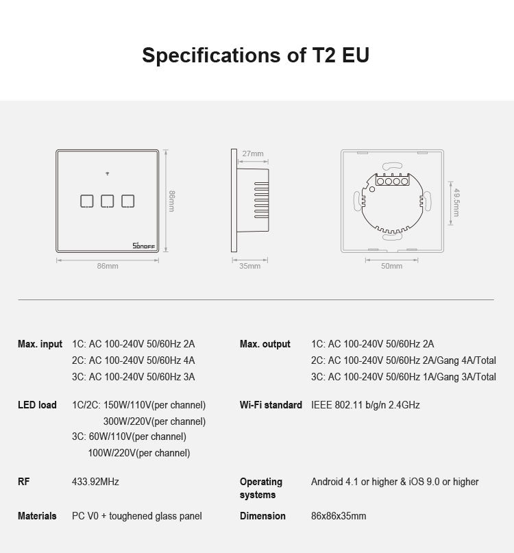 Sonoff T2タッチ 86mm強化ガラスパネル壁スイッチ スマートホームライトタッチスイッチ AlexaとGoogle Home対応 AC 100V-240V EUプラグ 86mm/3 EUプラグ