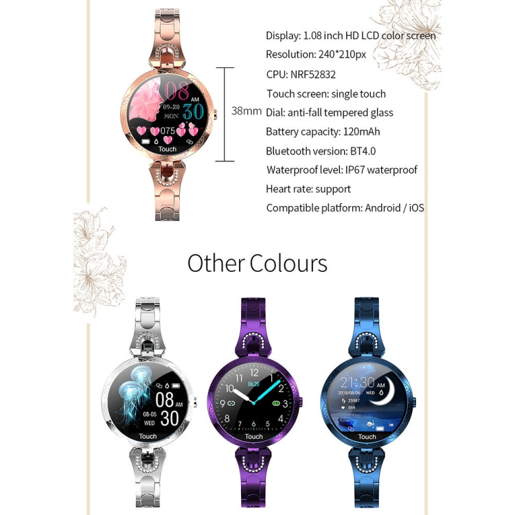 AK15 ファッションスマート女性用ブレスレット、1.08インチカラーLCDスクリーン、IP67防水、心拍数モニタリング／睡眠モニタリング／リモート撮影対応