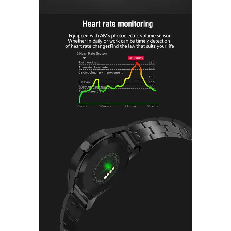 N6 スマートウォッチ 1.3インチ TFT スクリーン MTK2502C Bluetooth4.0、ステンレススチール時計バンド、心拍数モニター＆歩数計＆睡眠モニター＆座りすぎリマインダー対応、ステンレススチール時計ストラップ/ブラック、ステンレススチール時計ストラップ/シルバー