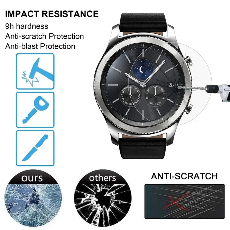 Samsung Gear S3 tempered glass screen protector showcasing impact resistance and anti-scratch features.