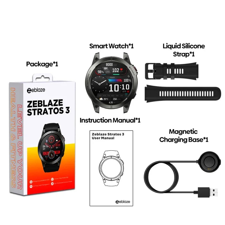Zeblaze Stratos 3 1.43インチ AMOLED画面 IP68 防水スマートウォッチ、Bluetooth通話 / GPS 対応、Stratos 3