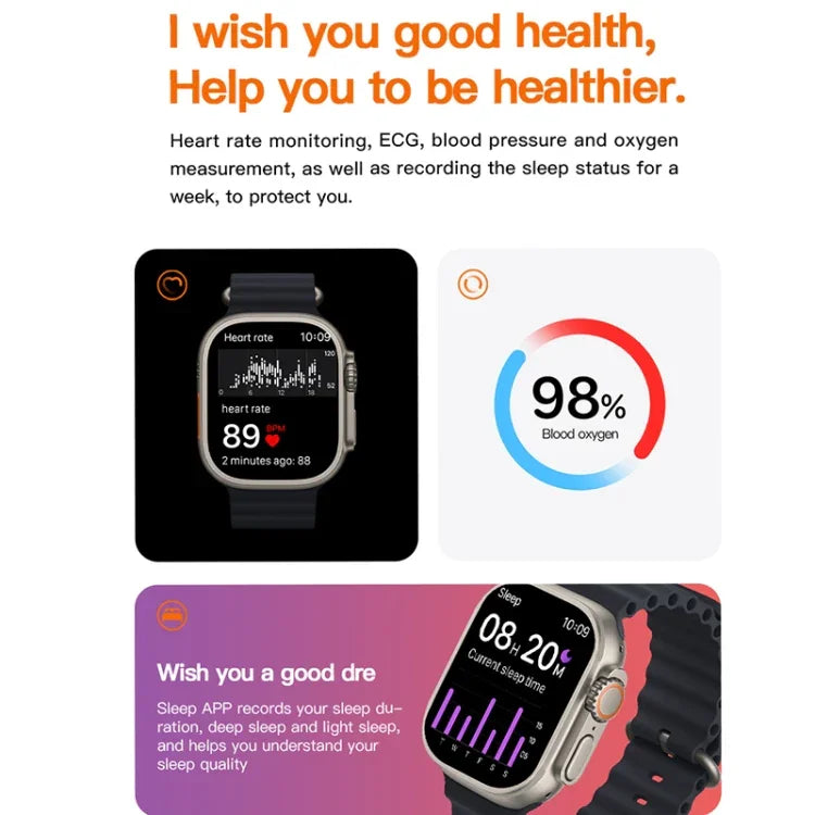 T800 Ultra 1.99インチ オーシャンシリコンバンド スマートウォッチ 心拍数 / ECG 対応、オーシャンシリコンバンド（ブラック）、オーシャンシリコンバンド（ホワイト）、オーシャンシリコンバンド（イエロー）