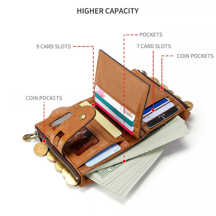 LT3539 Cowhide Leather Zipper Buckle Anti-magnetic RFID Wallet Clutch Bag for Men, with Card Slots & Shoulder Strap, LT3539 Yellowish-brown, LT3539 Shoulder Strap Blue, LT3539 Strap Red