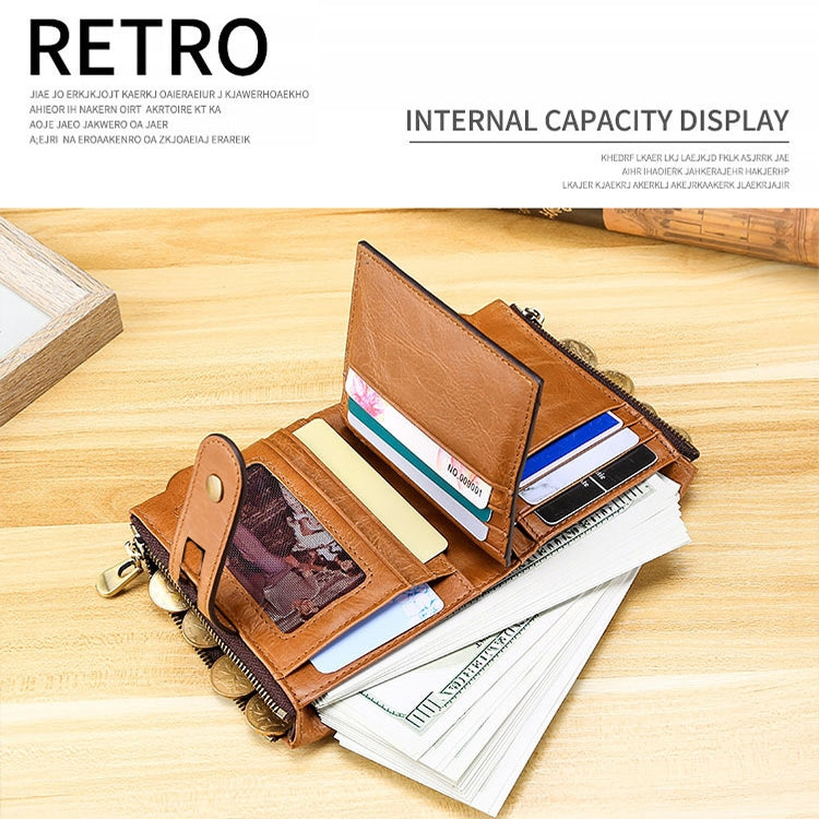 LT3539 Cowhide Leather Zipper Buckle Anti-magnetic RFID Wallet Clutch Bag for Men, with Card Slots & Shoulder Strap, LT3539 Yellowish-brown, LT3539 Shoulder Strap Blue, LT3539 Strap Red