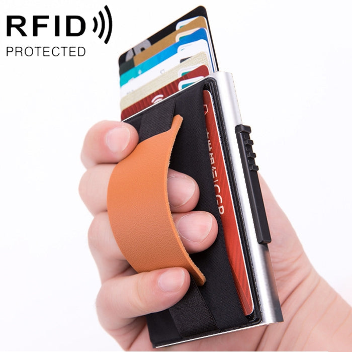 X-32C自動ポップアップカードタイプ反磁気RFID防盗男性用アルミ合金Aダイヤルボタン弾性バッグ財布PUレザーストラップ付き、X-32C Aダイヤルボタンブラック、X-32C Aダイヤルボタンシルバー