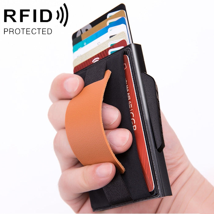 X-32C自動ポップアップカードタイプ反磁気RFID防盗男性用アルミ合金Bダイヤルボタン弾性バッグ財布PUレザーストラップ付き、X-32C Bダイヤルボタングレー、X-32C Bダイヤルボタンブルー、X-32C Bダイヤルボタンブラック