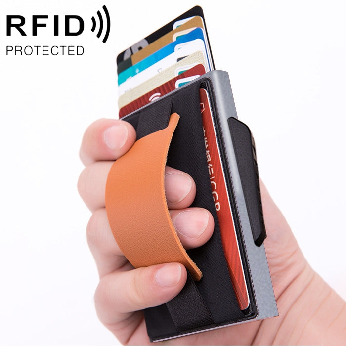 X-32C自動ポップアップカードタイプ反磁気RFID防盗男性用アルミ合金Bダイヤルボタン弾性バッグ財布PUレザーストラップ付き、X-32C Bダイヤルボタングレー、X-32C Bダイヤルボタンブルー、X-32C Bダイヤルボタンブラック