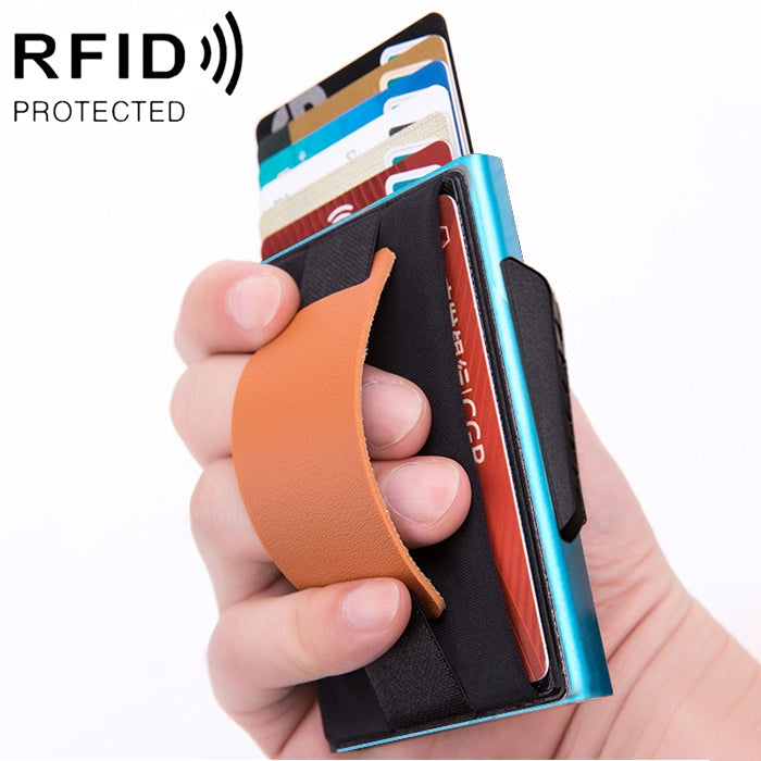 X-32C自動ポップアップカードタイプ反磁気RFID防盗男性用アルミ合金Bダイヤルボタン弾性バッグ財布PUレザーストラップ付き、X-32C Bダイヤルボタングレー、X-32C Bダイヤルボタンブルー、X-32C Bダイヤルボタンブラック