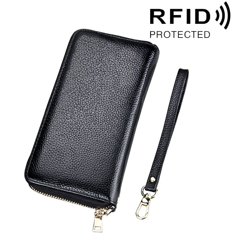 本革牛革ライチテクスチャー ジッパーロングスタイルカードホルダー財布 RFIDブロッキング コインパース カードバッグ 保護ケース 手提げストラップ付き 女性用、サイズ：20*10.5*3cm