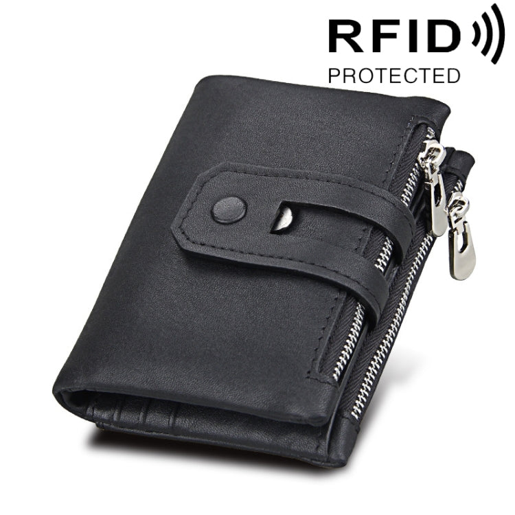 本革カウハイドレザー クレイジーホーステクスチャー ジッパー3つ折りカードホルダー財布 RFIDブロッキング コインパース カードバッグ メンズ用、サイズ：12*9.5*3.5cm