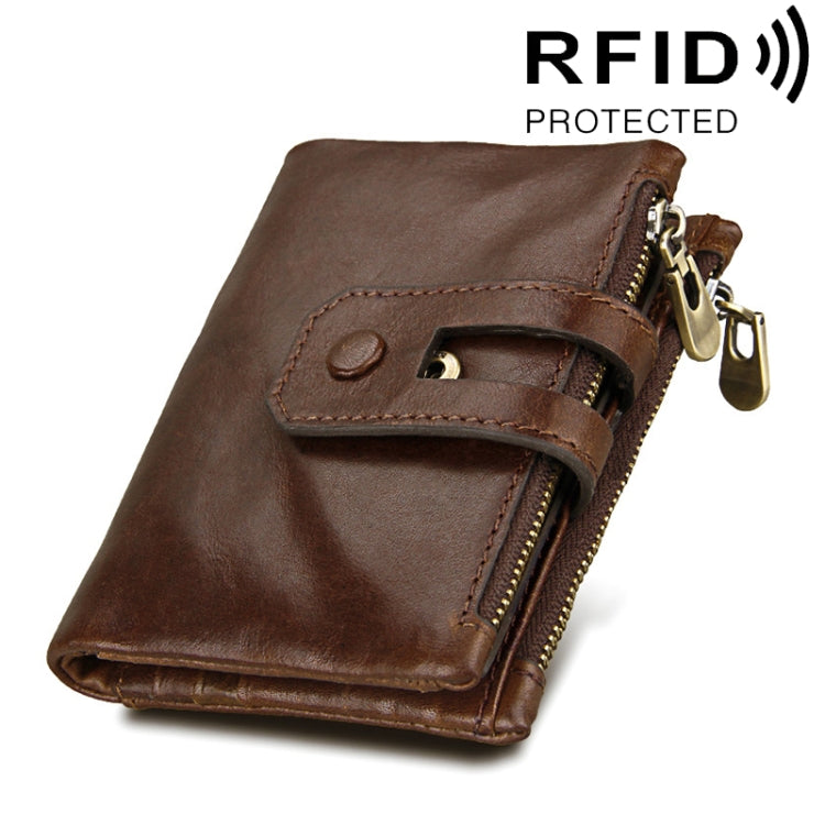 本革カウハイドレザー クレイジーホーステクスチャー ジッパー3つ折りカードホルダー財布 RFIDブロッキング コインパース カードバッグ メンズ用、サイズ：12*9.5*3.5cm