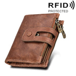 本革カウハイドレザー クレイジーホーステクスチャー ジッパー3つ折りカードホルダー財布 RFIDブロッキング コインパース カードバッグ メンズ用、サイズ：12*9.5*3.5cm