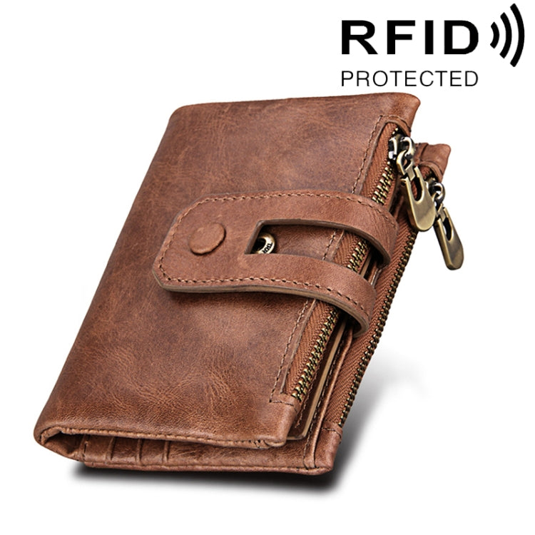 本革カウハイドレザー クレイジーホーステクスチャー ジッパー3つ折りカードホルダー財布 RFIDブロッキング コインパース カードバッグ メンズ用、サイズ：12*9.5*3.5cm