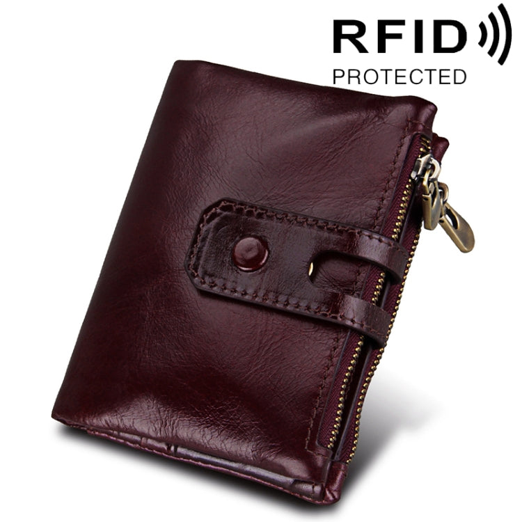 本革カウハイドレザー クレイジーホーステクスチャー ジッパー3つ折りカードホルダー財布 RFIDブロッキング コインパース カードバッグ メンズ用、サイズ：12*9.5*3.5cm