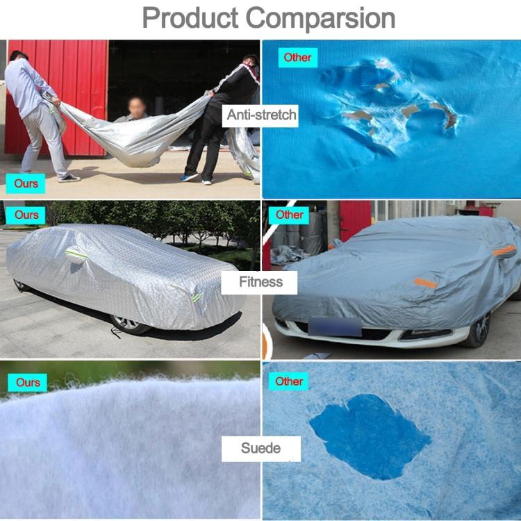 アルミフィルムPEVAコットンウール製防塵防水日よけ防凍傷防擦傷放熱SUVカーカバー 警告ストリップ付き、全長5.1m（199インチ）までの車に適合、199インチ（XL）／全長5.1m（199インチ）までの車に適合