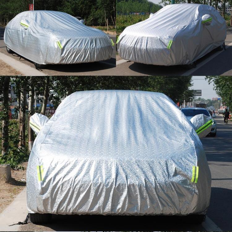 アルミフィルムPEVAコットンウール製防塵防水日よけ防凍傷防擦傷放熱SUVカーカバー 警告ストリップ付き、全長5.1m（199インチ）までの車に適合、199インチ（XL）／全長5.1m（199インチ）までの車に適合