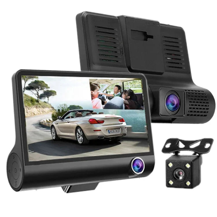 4.0インチIPSスクリーン 5.0メガピクセル 170度広角 フルHD 1080P 3チャンネルビデオ車載DVR、ナイトビジョン補助ライト対応 / バックカメラ映像 / TFカード(最大32GB) / Gセンサー / 動体検知、170度