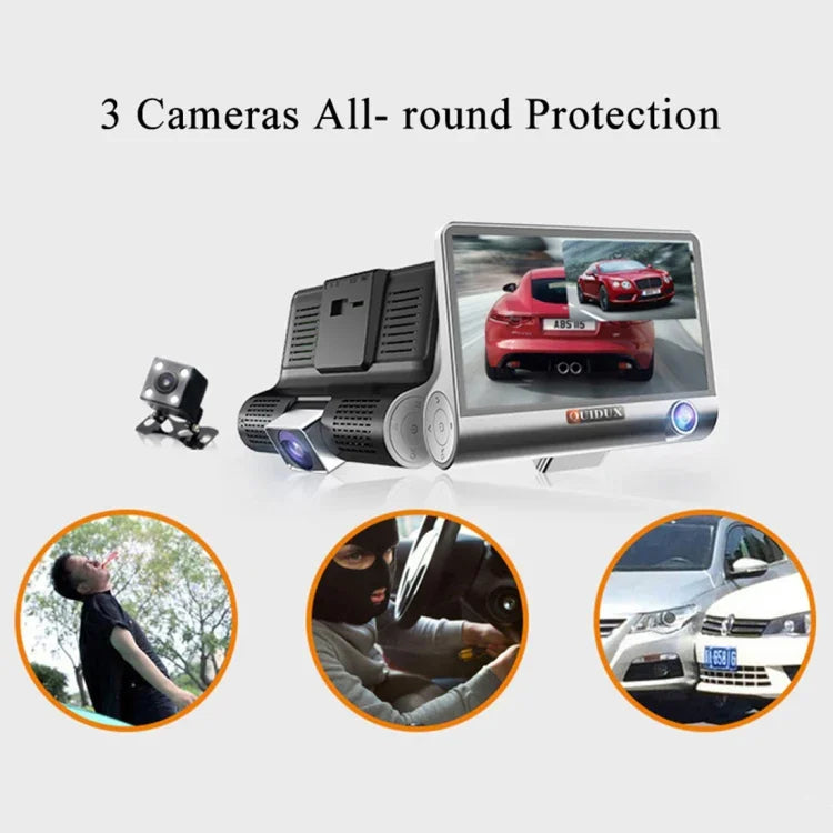 4.0インチIPSスクリーン 5.0メガピクセル 170度広角 フルHD 1080P 3チャンネルビデオ車載DVR、ナイトビジョン補助ライト対応 / バックカメラ映像 / TFカード(最大32GB) / Gセンサー / 動体検知、170度