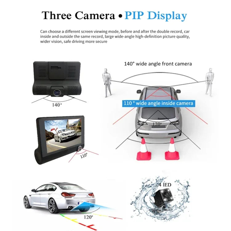 4.0インチIPSスクリーン 5.0メガピクセル 170度広角 フルHD 1080P 3チャンネルビデオ車載DVR、ナイトビジョン補助ライト対応 / バックカメラ映像 / TFカード(最大32GB) / Gセンサー / 動体検知、170度