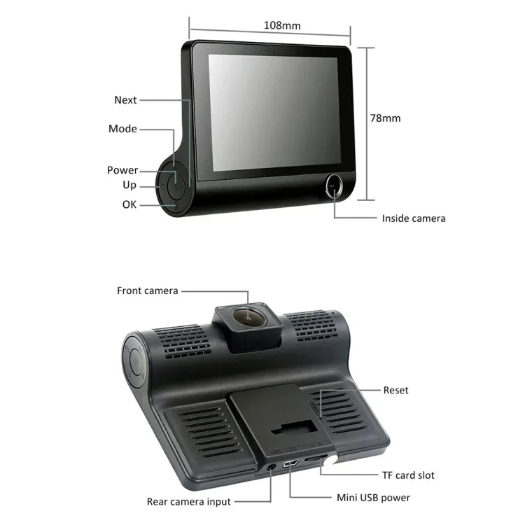 4.0インチIPSスクリーン 5.0メガピクセル 170度広角 フルHD 1080P 3チャンネルビデオ車載DVR、ナイトビジョン補助ライト対応 / バックカメラ映像 / TFカード(最大32GB) / Gセンサー / 動体検知、170度