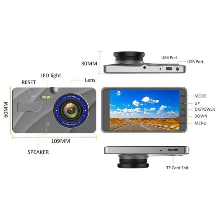 X96 4インチ 2.5D フルHD 1080P 多機能スマートカー デュアルレンズビデオ録画カメラ TFカード対応/動体検知、X96
