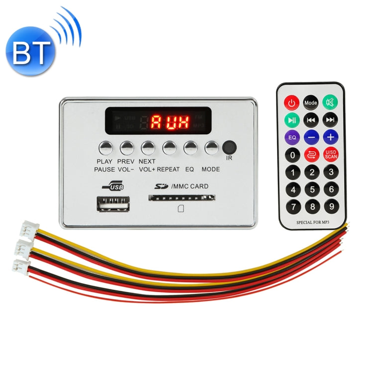 車用5VオーディオMP3プレーヤーデコーダーボード FMラジオ SDカード USB AUX、Bluetooth / リモコン付き、5V（シルバーグレー）、5V