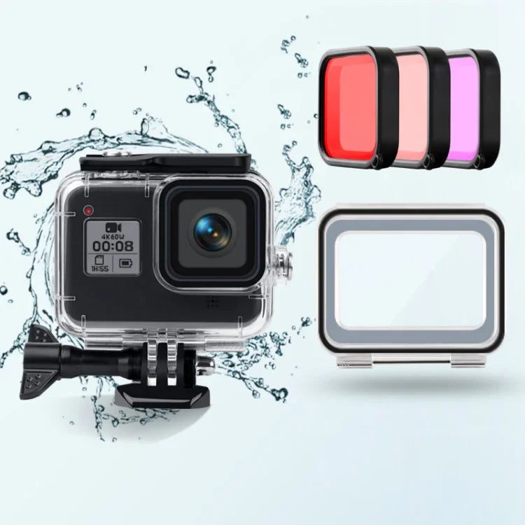 45m防水ケース + タッチバックカバー + パープル レッド ピンク レンズフィルター GoPro HERO8 Black用、ケース + タッチカバー + 3色フィルター GoPro8用