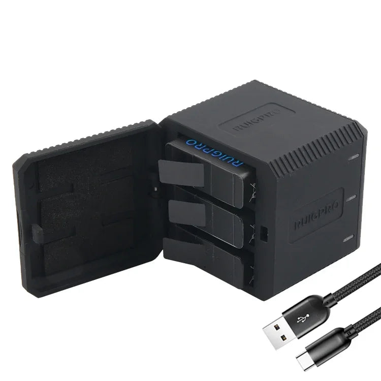 RUIGPRO GoPro HERO6/5用 USBトリプルバッテリーハウジング充電ボックス USBケーブル＆LEDインジケーターライト付き