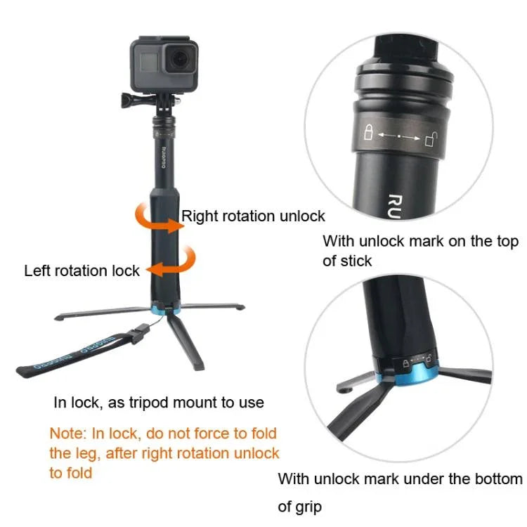 ポータブル折りたたみ三脚ホルダー セルフィーモノポッドスティック GoPro、Insta360、DJIおよびその他のアクションカメラ対応 長さ：23.5-81cm、RUIGPRO