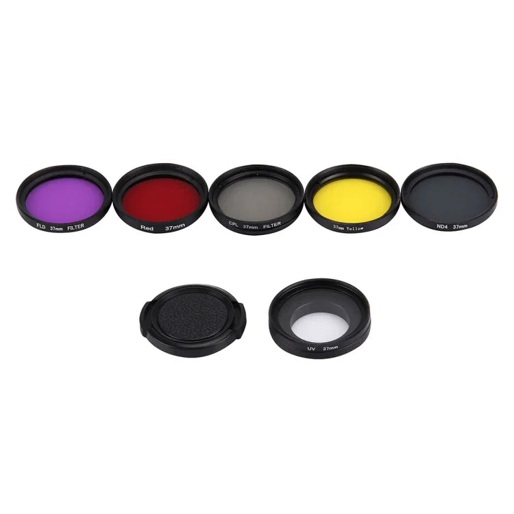 JUNESTAR 7-in-1 プロフェッショナル 37mm レンズフィルター（CPL + UV + ND4 + 赤 + 黄 + FLD / 紫）＆レンズ保護キャップ GoPro HERO4 / 3+ / 3 スポーツアクションカメラ用、7-in-1