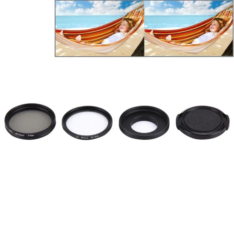 JUNESTAR 4-in-1 プロフェッショナル 40.5mm レンズフィルター (CPL + UV) & 防水ハウジングケース アダプターリング & レンズ保護キャップ GoPro HERO4 / 3+ / 3 スポーツアクションカメラ用、4-in-1 40.5mm レンズ