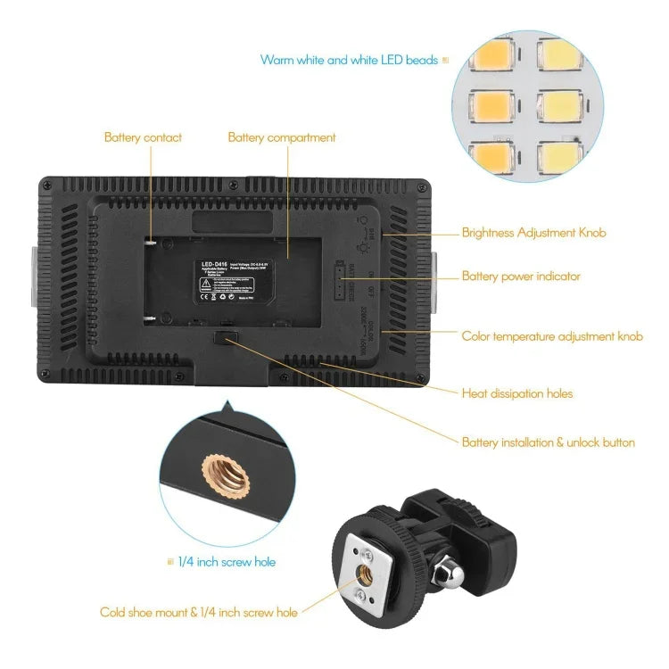 LED01 416 LEDs 3600LM プロフェッショナルVlog撮影ビデオ＆フォトスタジオライト Canon / Nikon DSLRカメラ用、416 LED