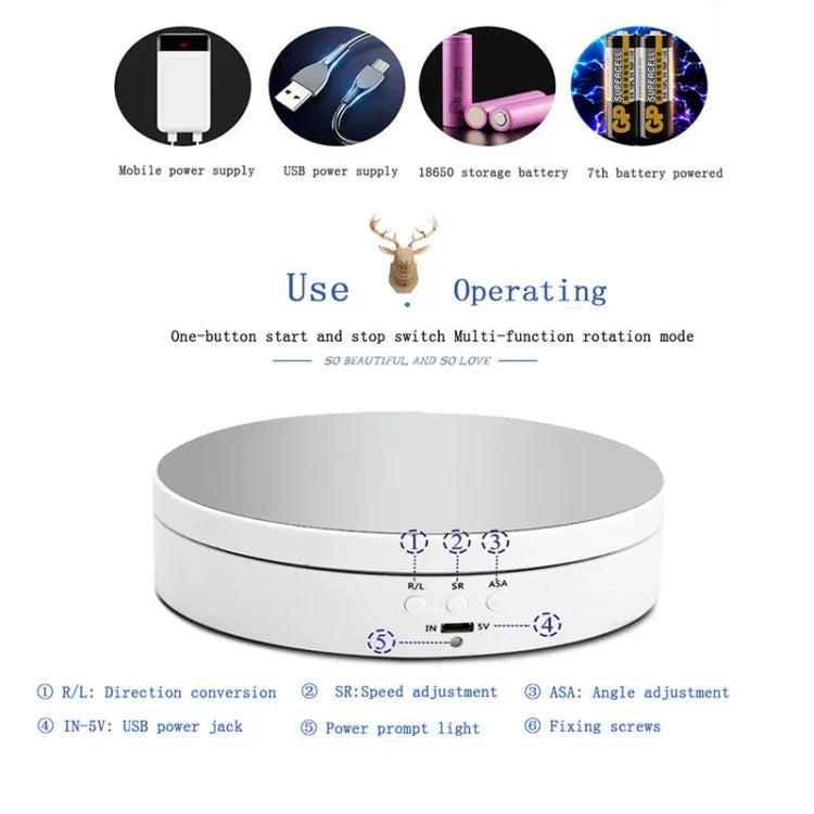 13.8cm ミラースタイル USB充電スマート360度回転ターンテーブルディスプレイスタンド ビデオ撮影小道具 ターンテーブル 写真撮影用、耐荷重3kg、13.8cm ミラー／USB(W)給電