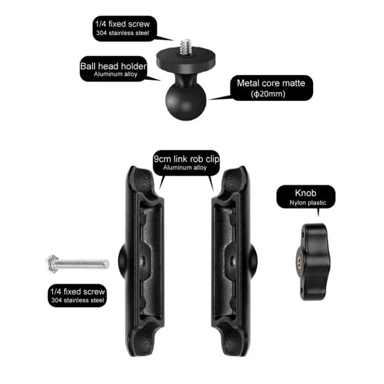 9cm連結ロッド 20mmボールヘッド バイク用リアビューミラー固定マウントホルダー 三脚アダプター＆ネジ付き GoPro、Insta360、DJIおよびその他アクションカメラ用, 9cm連結ロッドホルダー