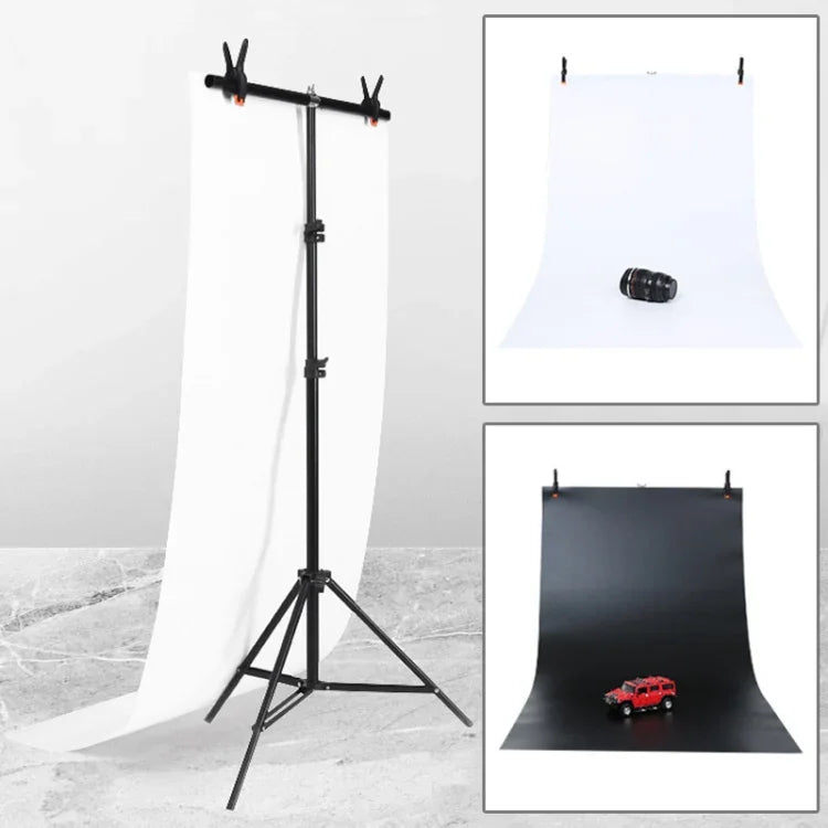 70x200cm T字型フォトスタジオ背景サポートスタンド バックドロップクロスバーブラケットキット 70x140cm 黒 / 白PVCバックドロップ付き、70x200cm バックドロップ付き