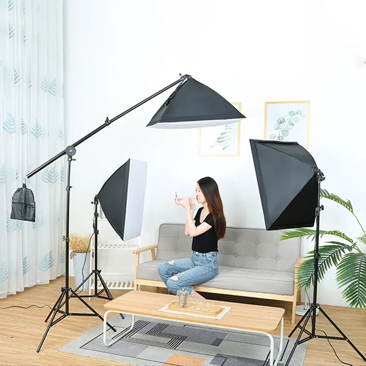 50x70cm シングルライトソフトボックス + 2m 写真照明三脚マウントスタンド + アームジブクロスバーブラケット スタジオフラッシュライトセット