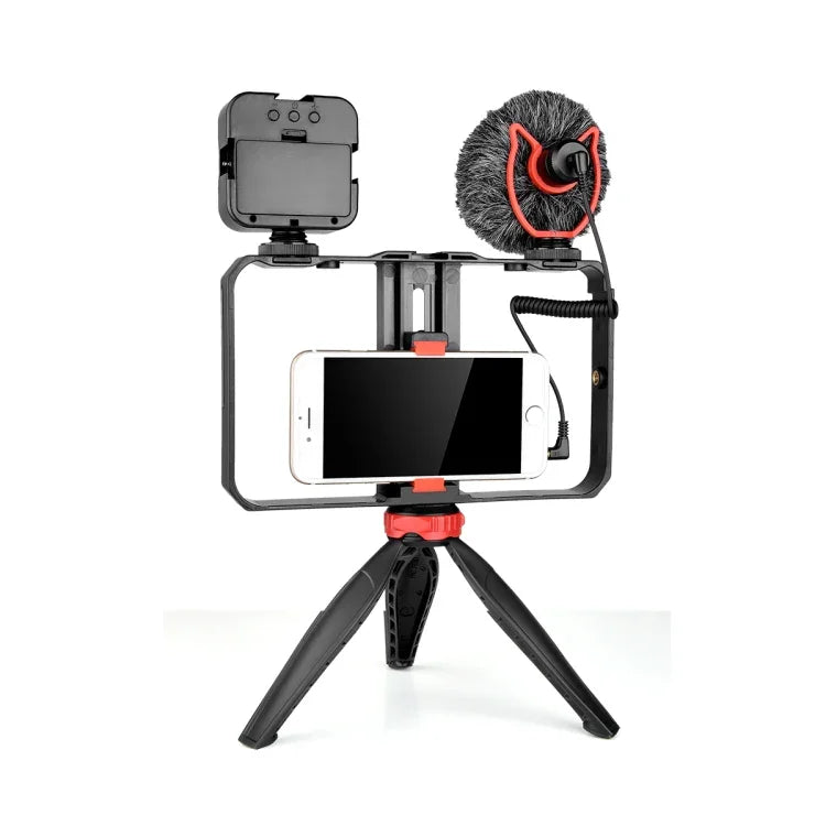 YELANGU PC204 YLG1801D Vlogging ライブ配信 LED 自撮りライト スマートフォン ビデオリグ ハンドル スタビライザーブラケットキット マイク＆三脚付き, PC204