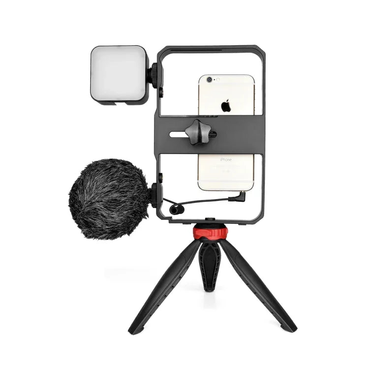 YELANGU PC204 YLG1801D Vlogging ライブ配信 LED 自撮りライト スマートフォン ビデオリグ ハンドル スタビライザーブラケットキット マイク＆三脚付き, PC204
