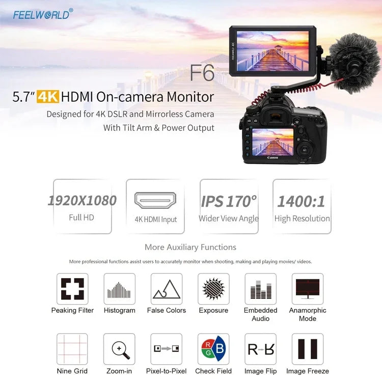 FEELWORLD F6 1920x1080 5.5インチIPSスクリーン HDMI 4Kカメラフィールドモニター、F6