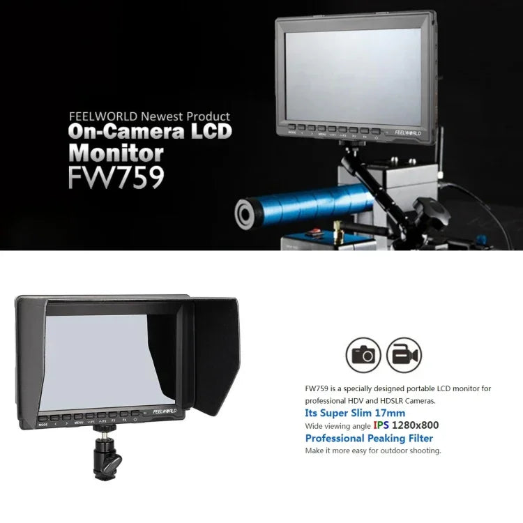 FEELWORLD FW759 1280x800 7インチ IPSスクリーン 超薄型 HD カメラフィールドモニター, FW759