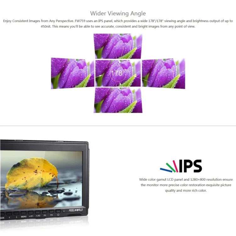 FEELWORLD FW759 1280x800 7インチ IPSスクリーン 超薄型 HD カメラフィールドモニター, FW759