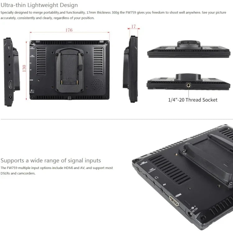 FEELWORLD FW759 1280x800 7インチ IPSスクリーン 超薄型 HD カメラフィールドモニター, FW759