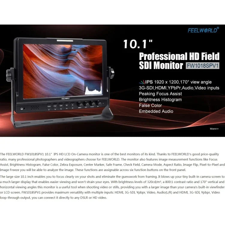 FEELWORLD FW1018SPV1 1920x1200 10.1インチ IPSスクリーン HDカラーLCD ディレクターカメラフィールドモニター、FW1018SPV1