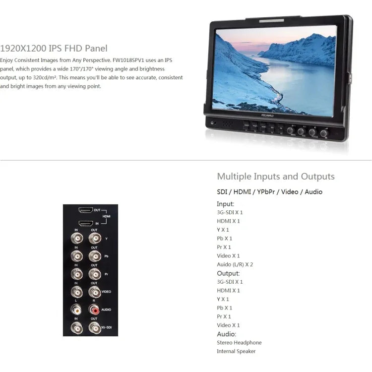 FEELWORLD FW1018SPV1 1920x1200 10.1インチ IPSスクリーン HDカラーLCD ディレクターカメラフィールドモニター、FW1018SPV1