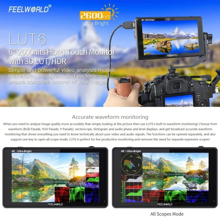 FEELWORLD LUT6 1920x1080 2600ニット 6インチ IPSスクリーン HDMI 4K タッチコントロール カメラフィールドモニター、LUT6